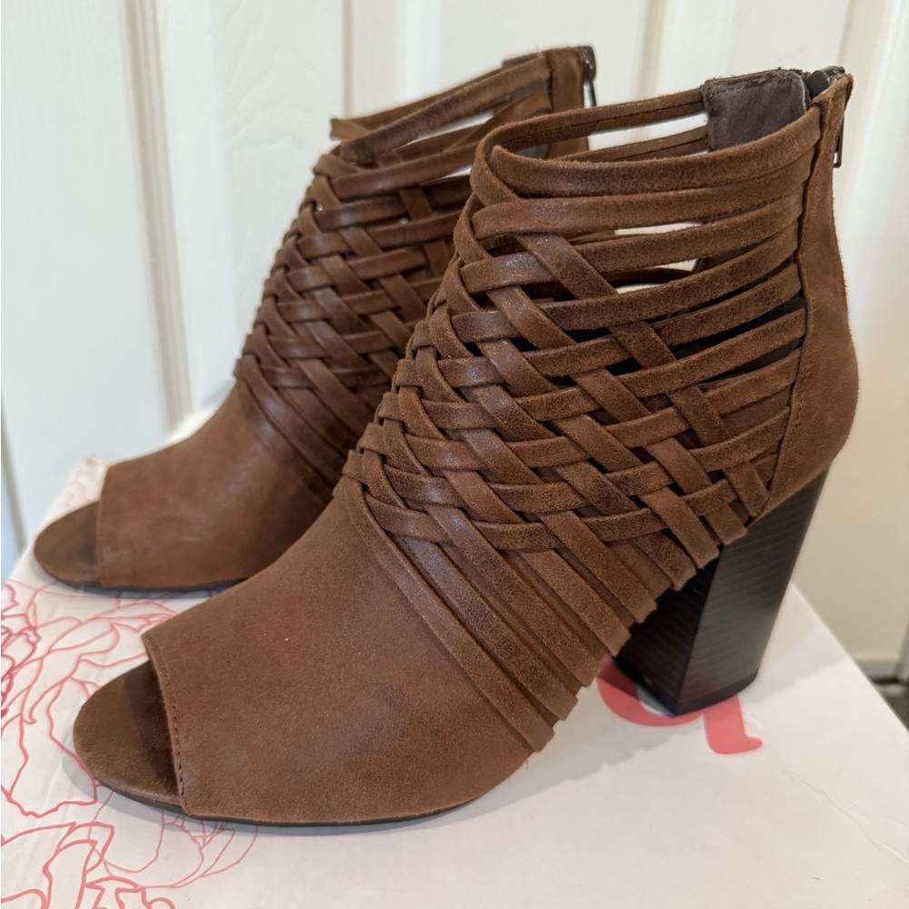 Brown Peep-Toe Woven Ankle Sandals Boots by Fergalicious